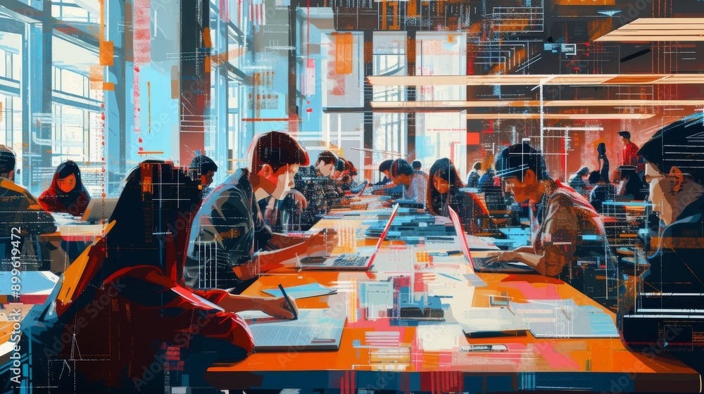 Poster a dynamic scene of diverse students engaged in studying and working on laptops in a modern universit
