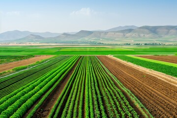 Aerial view of a vast farmland with rows of crops and mountains in the background.