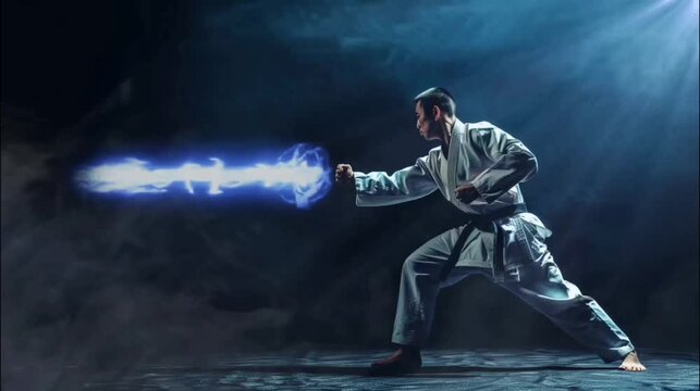 Karate fighter with power effect on dark background. Seamless looping time-lapse 4k video animation background
