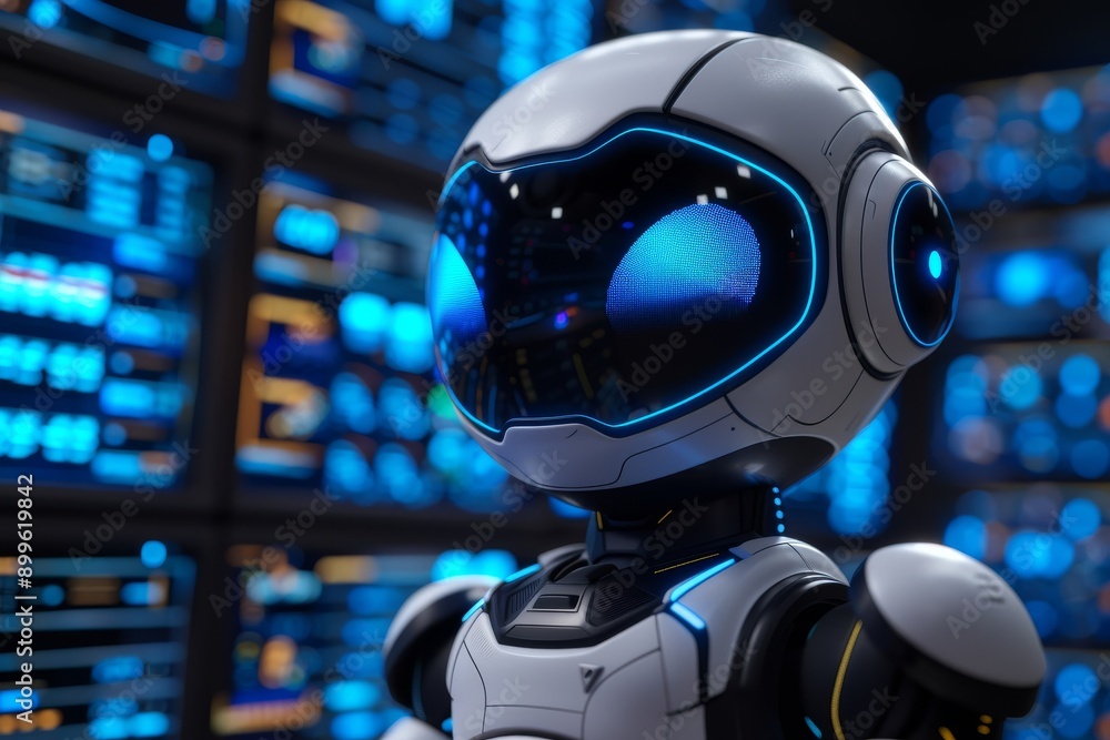 Poster futuristic robots in a high tech setting symbolizing technology innovation and artificial intelligen