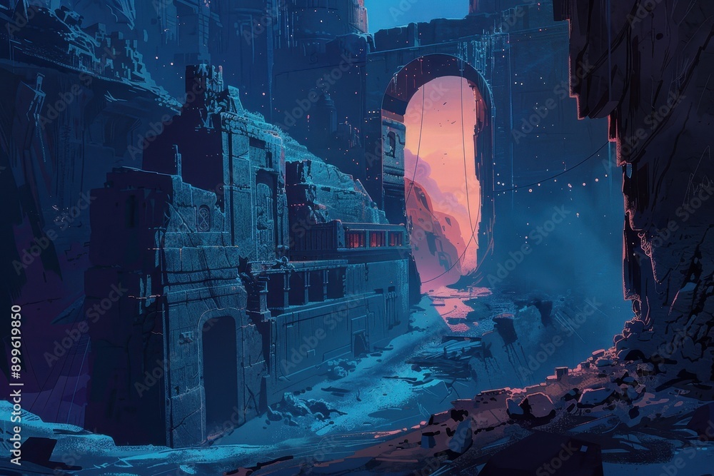 Wall mural Ancient metropolis in ruins with a glowing archway in the distance