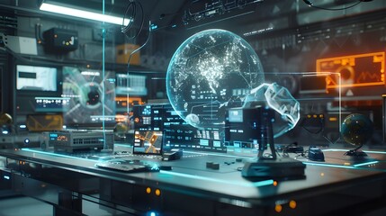 A futuristic laboratory with a holographic projection of Earth, emphasizing advanced scientific research and global data analysis.