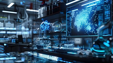 A high-tech command center with multiple screens displaying futuristic data and maps.