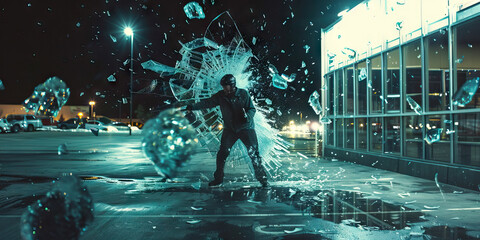 A man shatters a glass door while playing a pickup game of hockey in the parking lot. 