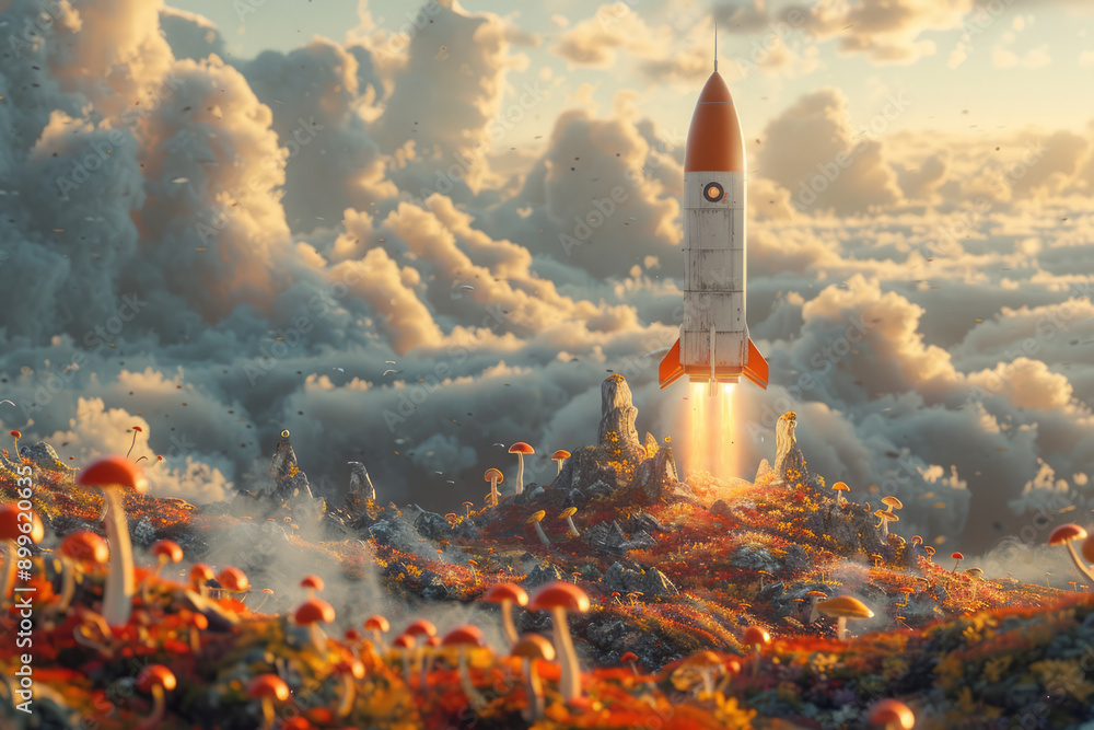 Poster create a captivating image of a rocket ship soaring above a lush terrain filled with colorful mushro