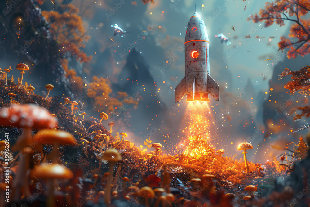 Aufkleber create a captivating image of a rocket ship soaring above a lush terrain filled with colorful mushro