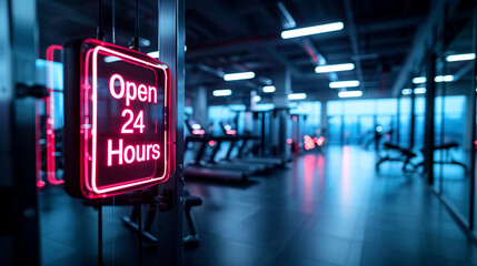 Modern gym interior with neon open 24 hours sign, showcasing equipment and a dark, moody atmosphere for fitness enthusiasts.