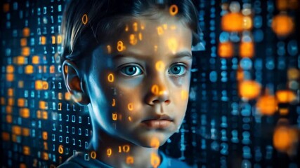 Portrait child with digital code overlay, ai learning, data and technology future, digital tech education, cybersecurity and digital marketing - Powered by Adobe