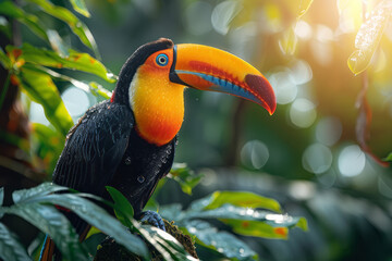 Fototapeta premium A striking toucan perched high in the canopy of an exotic jungle, its colorful beak shining in the sunlight,