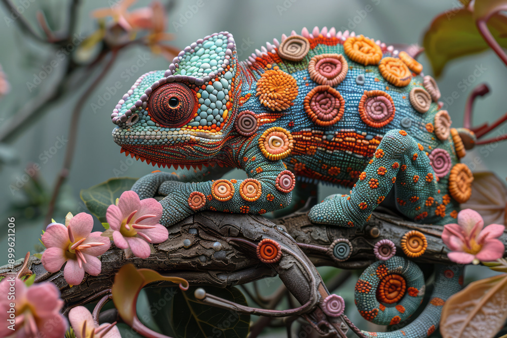 Poster an imaginative design of a chameleon made from colorful blooms and foliage, blending seamlessly with