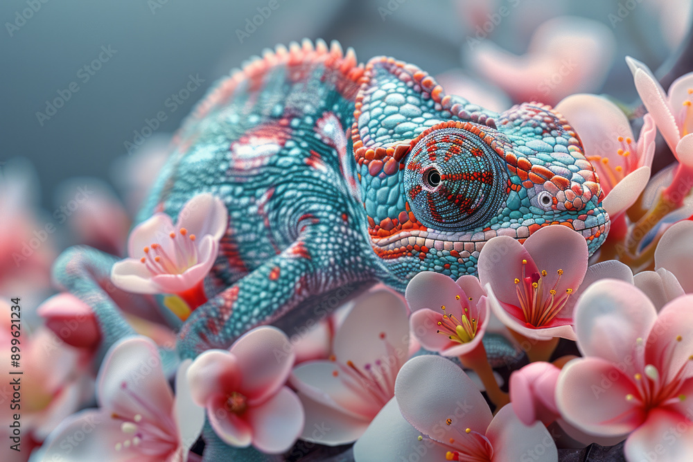 Poster an imaginative design of a chameleon made from colorful blooms and foliage, blending seamlessly with