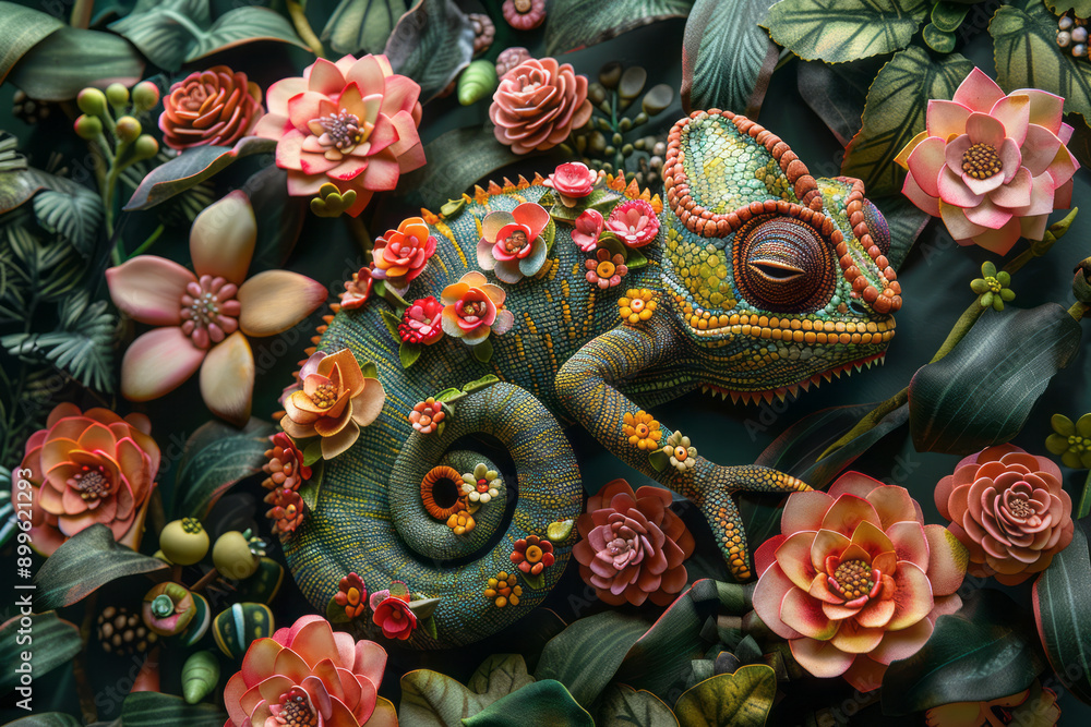 Poster an imaginative design of a chameleon made from colorful blooms and foliage, blending seamlessly with