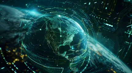 A glowing green digital globe showcasing intricate networks of data and connectivity, symbolizing a high-tech visualization of global communication channels.

