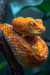 Fototapeta premium A sleek snake coiled around a branch in an exotic jungle, its scales glistening in the dappled sunlight,