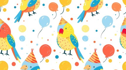 Adorable birthday pattern with little parrots in hats on a white background in illustration style and simple design.