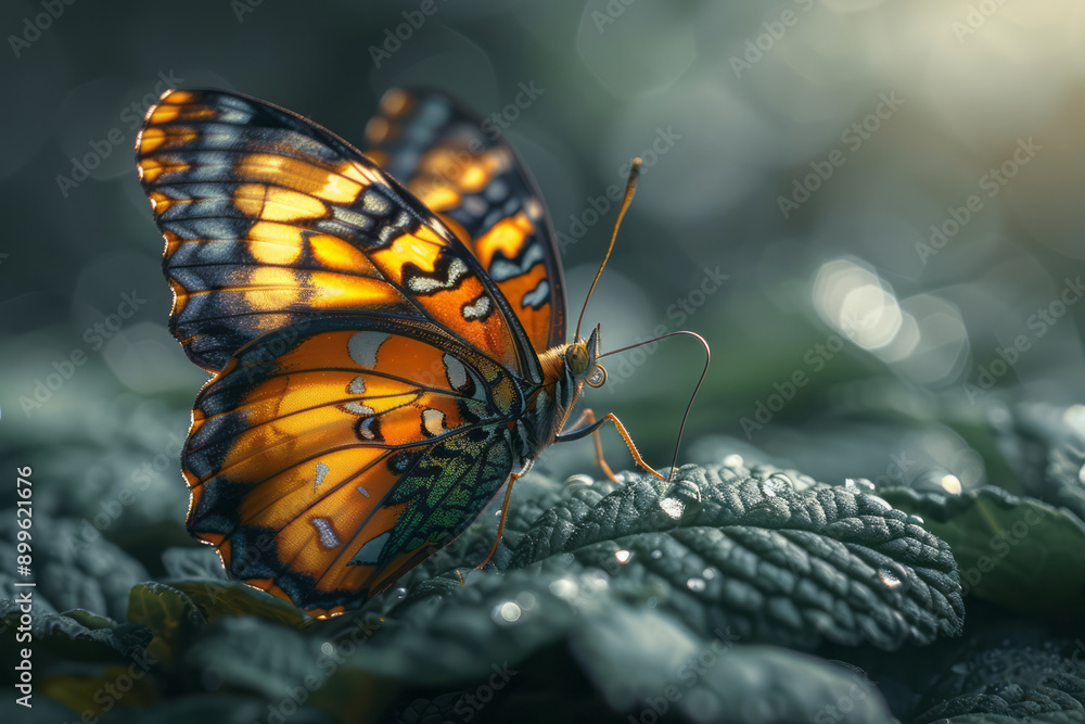 Poster an artistic representation of a butterfly formed from intricate patterns of leaves and petals, flutt