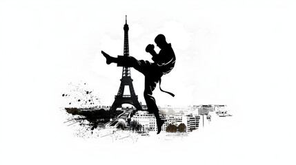 Obraz premium Minimalist Karateka: Silhouette of a karateka performing a high kick with the Eiffel Tower in the background on a white background.