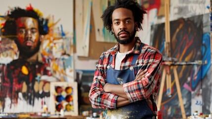 Obraz premium A young artist stands in his studio, arms crossed, gazing directly at the viewer. In the background, a vibrant abstract painting hangs on the wall, reflecting his artistic passion