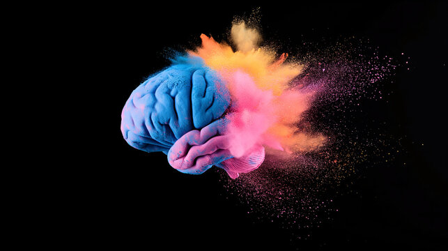 Exploding Brain with Colorful Powder on Black Background Representing Creativity