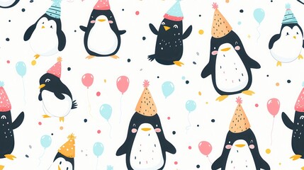 Adorable birthday pattern with little penguins in hats on a white background in illustration style and simple design.