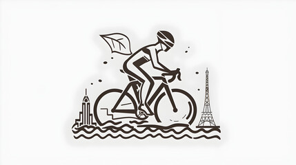 Minimalist Triathlete: Simple outline of a triathlete swimming, cycling, and running with the Eiffel Tower in the background on a white background.


