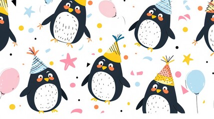 Naklejka premium Adorable birthday pattern with little penguins in hats on a white background in illustration style and simple design.