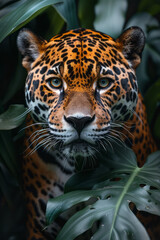 Obraz premium A mysterious jaguar hidden among the shadows of an exotic jungle, watching its surroundings,
