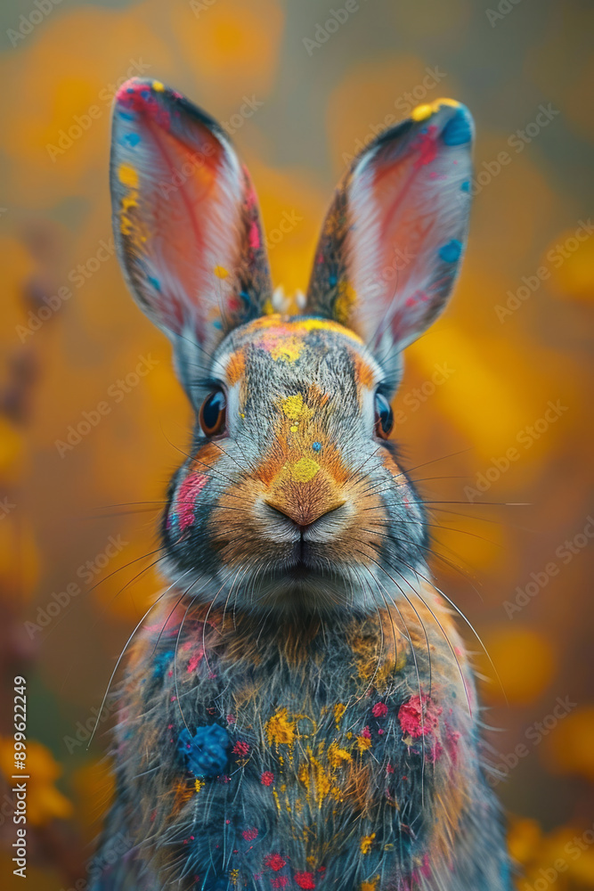 Poster a surreal image of a rabbit covered in splashes of vivid paint, blending the boundaries between natu