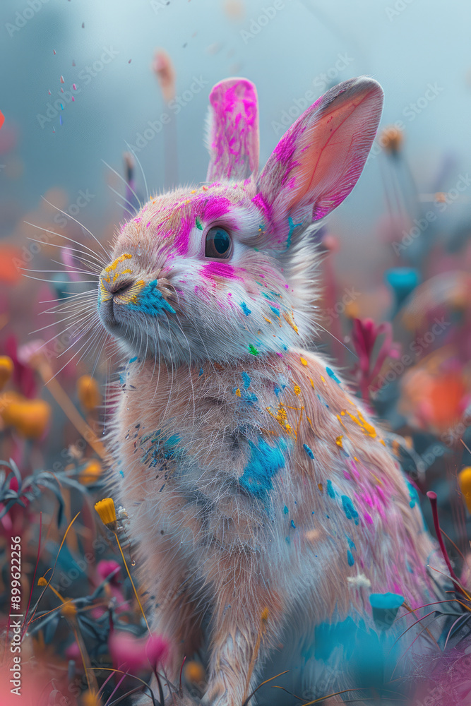 Poster a surreal image of a rabbit covered in splashes of vivid paint, blending the boundaries between natu