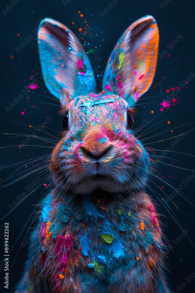 Poster a surreal image of a rabbit covered in splashes of vivid paint, blending the boundaries between natu