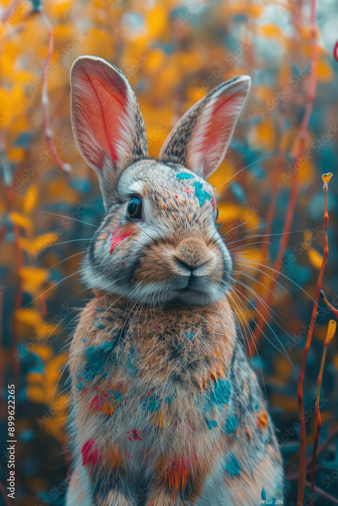 Poster a surreal image of a rabbit covered in splashes of vivid paint, blending the boundaries between natu