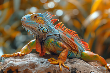 Fototapeta premium A colorful iguana basking on a rock in the warm sun of an exotic jungle,