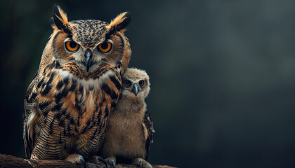 Fototapeta premium Adult owl caring for its baby with space for text or graphics. Copy space image. Place for adding text and design