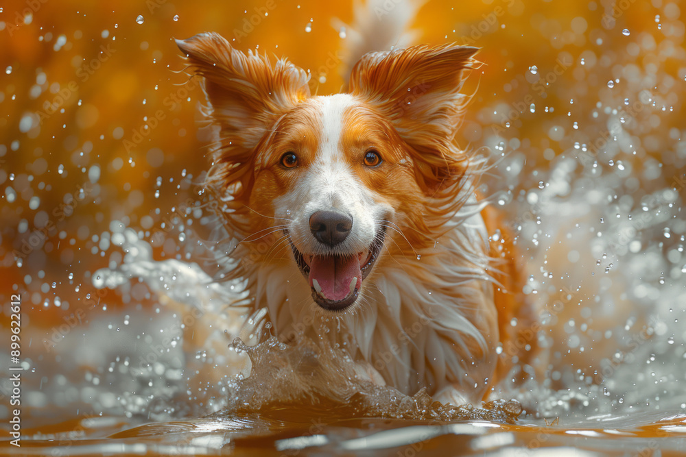 Poster a surreal representation of a dog splashed with vivid colors, creating a whimsical effect that captu