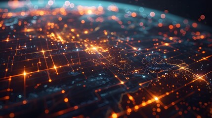 An abstract digital visualization of a vibrant cityscape at night, with a multitude of glowing orange lights and interconnected data lines, depicting a complex and dynamic urban network.

