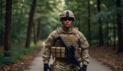 Obraz premium Soldier in Forest Camouflage Gear