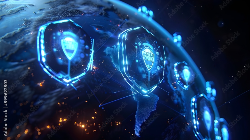 Wall mural futuristic blue digital shields and data nodes surrounding earth, representing advanced cybersecurit