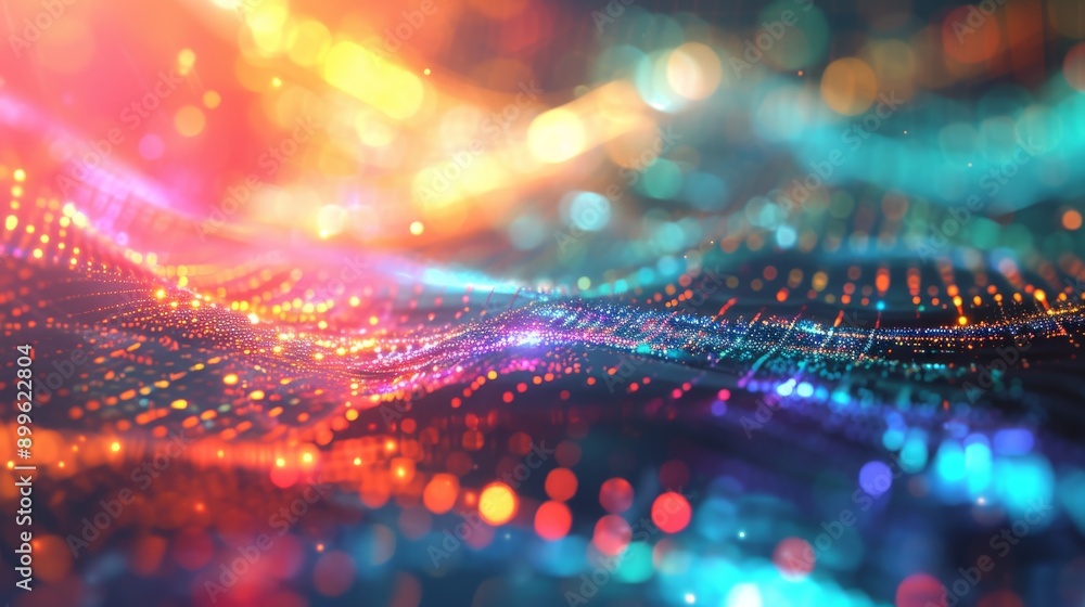Poster a vibrant digital abstract showcasing a colorful wave of glowing bokeh lights. the image creates a s