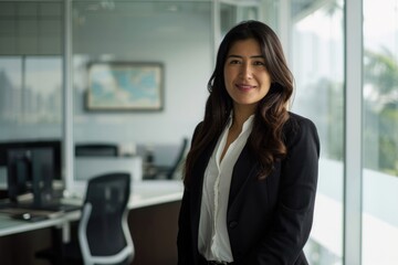 Confident Latin mid aged female executive in office portrait.