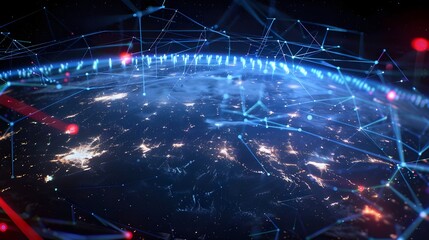 A futuristic representation of a digital cityscape extending over Earth, with glowing network connections and data streams enveloping the planet.