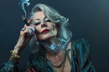 Fototapeta premium Empowered older woman in vintage fashion and jewelry poses.