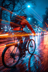 A whimsical composition of a fast-moving bicycle, with dazzling light trails capturing the essence of speed and motion,