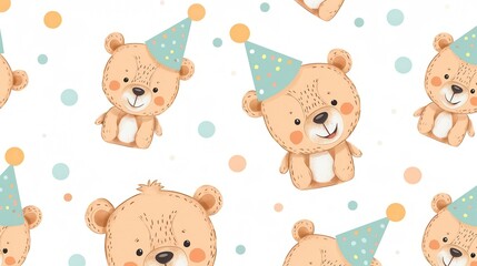 Fototapeta premium Adorable birthday pattern with little teddy bears in hats on a white background in illustration style and simple design.
