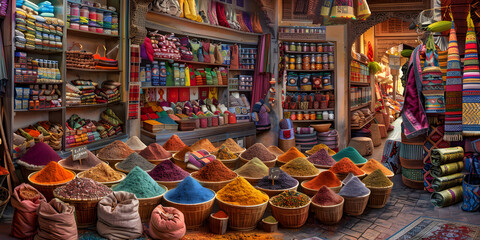 Fototapeta premium Mercado vibrante cheio de especiarias e tecidos