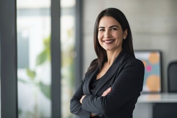 Confident Latin female executive in office portrait.