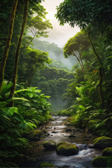 Embark on a journey through nature's masterpiece. A winding trail meanders through a lush, tropical paradise, offering a glimpse into the heart of the Costa Rican rainforest. generative AI