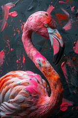 Obraz premium A whimsical portrayal of a flamingo covered in bright paint, adding a surreal twist to its elegant stance,