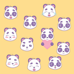 Funny big set of panda faces with different emotions in kawaii style.Vector illustration