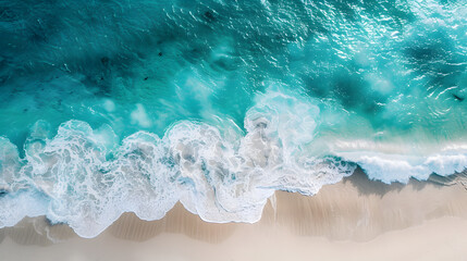 Fototapeta premium Overhead photo of crashing waves on the shoreline beach. Tropical beach surf. Abstract aerial ocean view