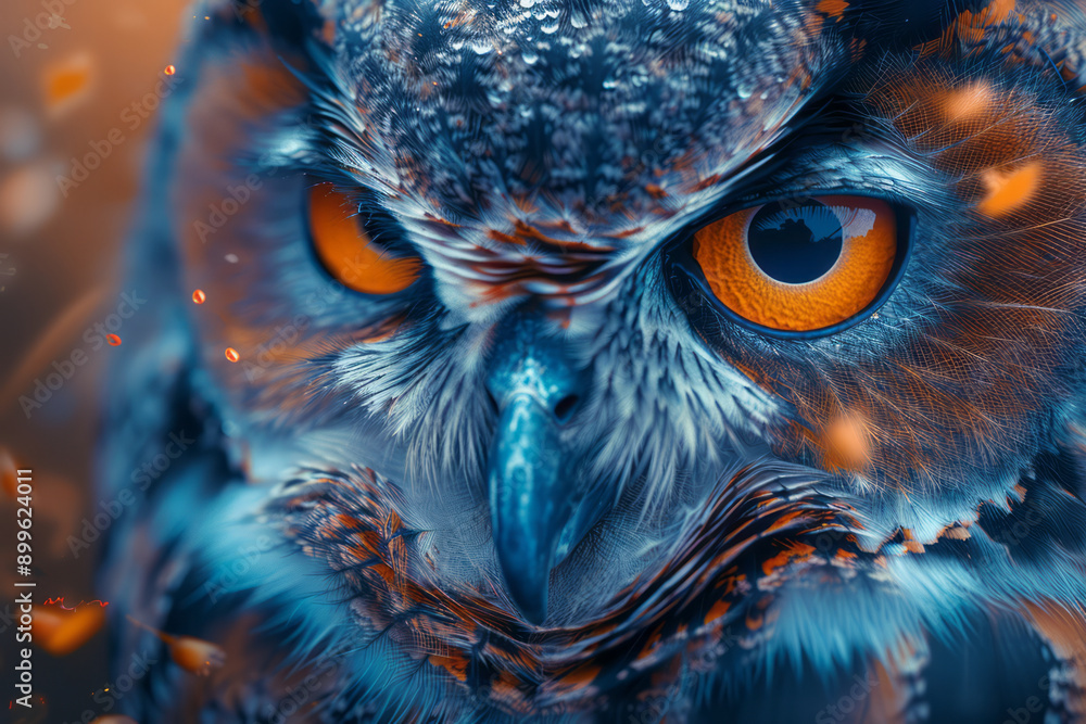 Poster a captivating depiction of an owl splashed with bright paint, enhancing its wise demeanor with color